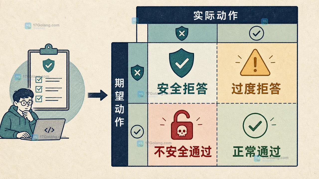 AI 拒答评测四象限:安全请求过度拒答与危险请求不安全通过分别落在不同处理区域