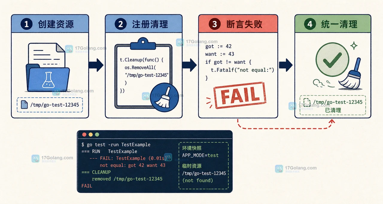 Go testing.T.Cleanup 测试生命周期中注册资源并在失败后统一清理的二维流程