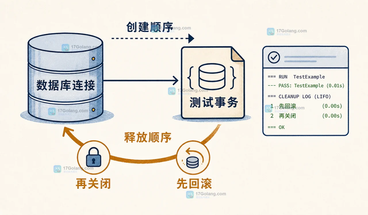 Go t.Cleanup 后进先出规则展示事务先回滚再关闭测试数据库连接的依赖边界