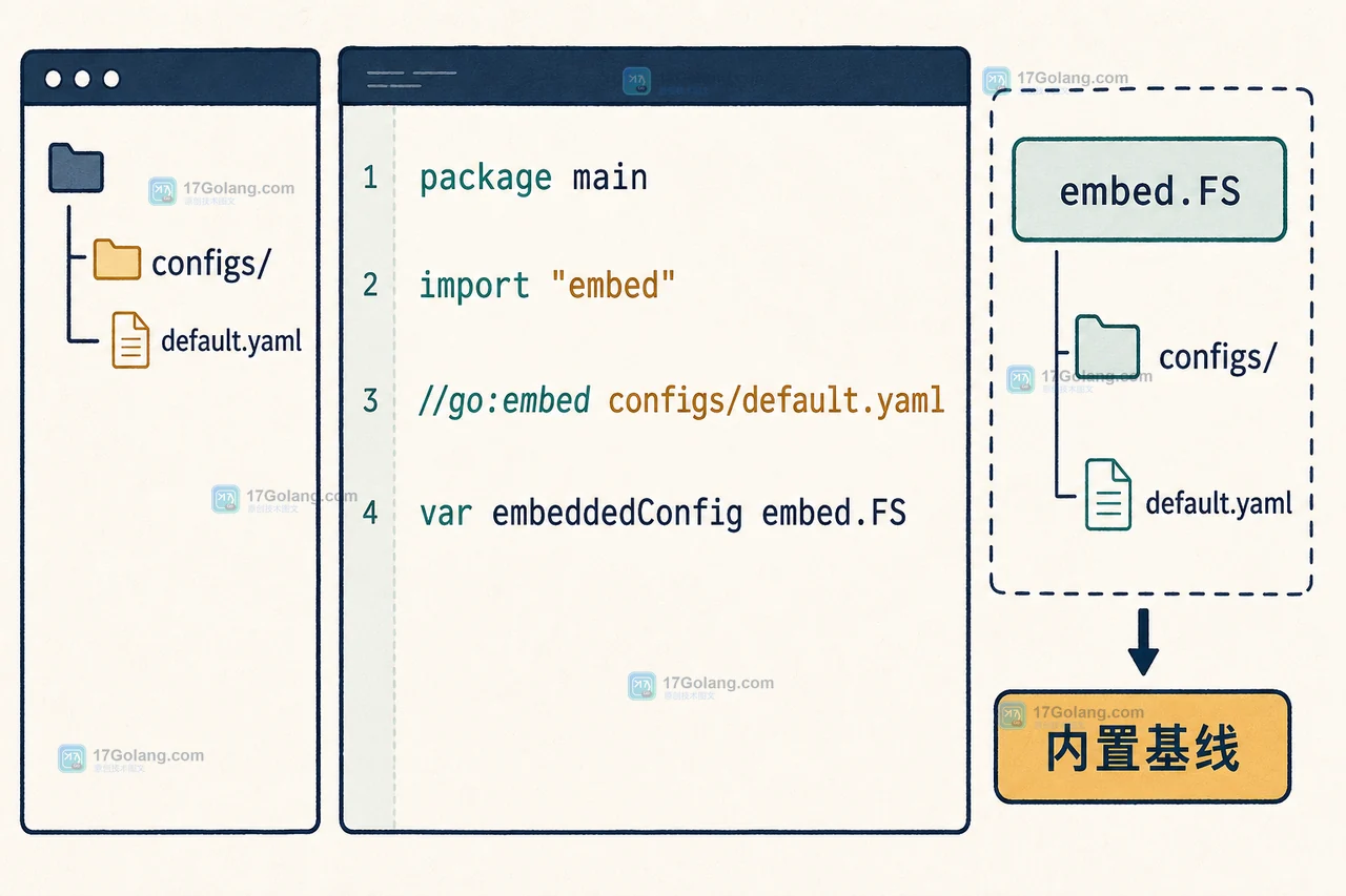 Go embed.FS 从 configs/default.yaml 读取内置默认配置的工程目录与启动链路示意图