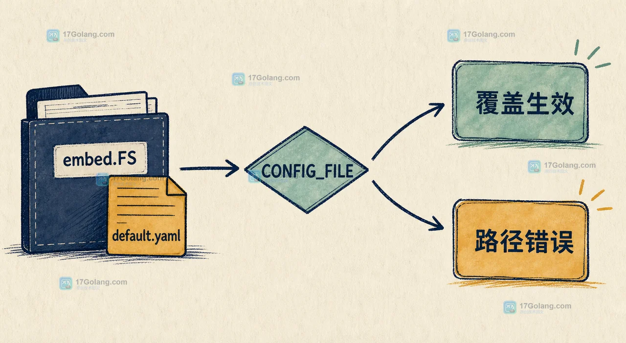 Go 配置启动流程先读取 embed.FS 基线再校验 CONFIG_FILE 外部覆盖并在失败时停止的流程示意图