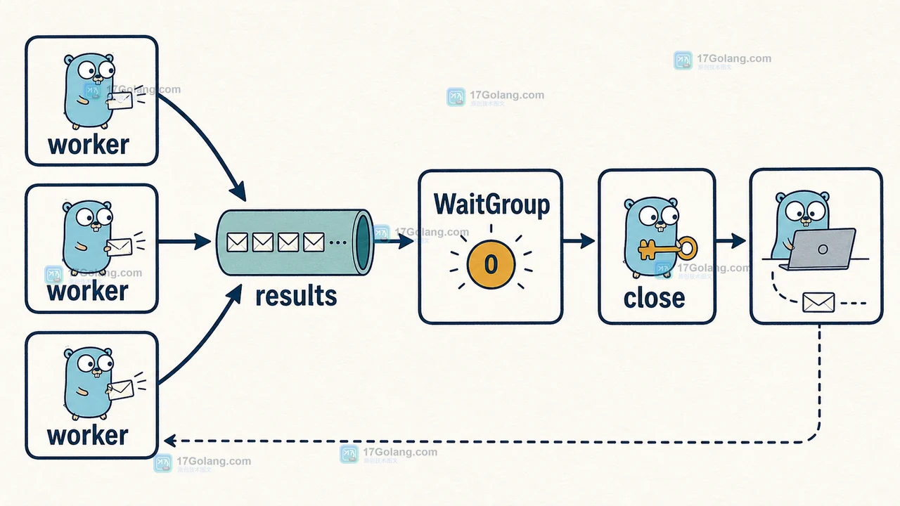 Go 并发测试中 worker、WaitGroup、results 通道与关闭动作的等待链