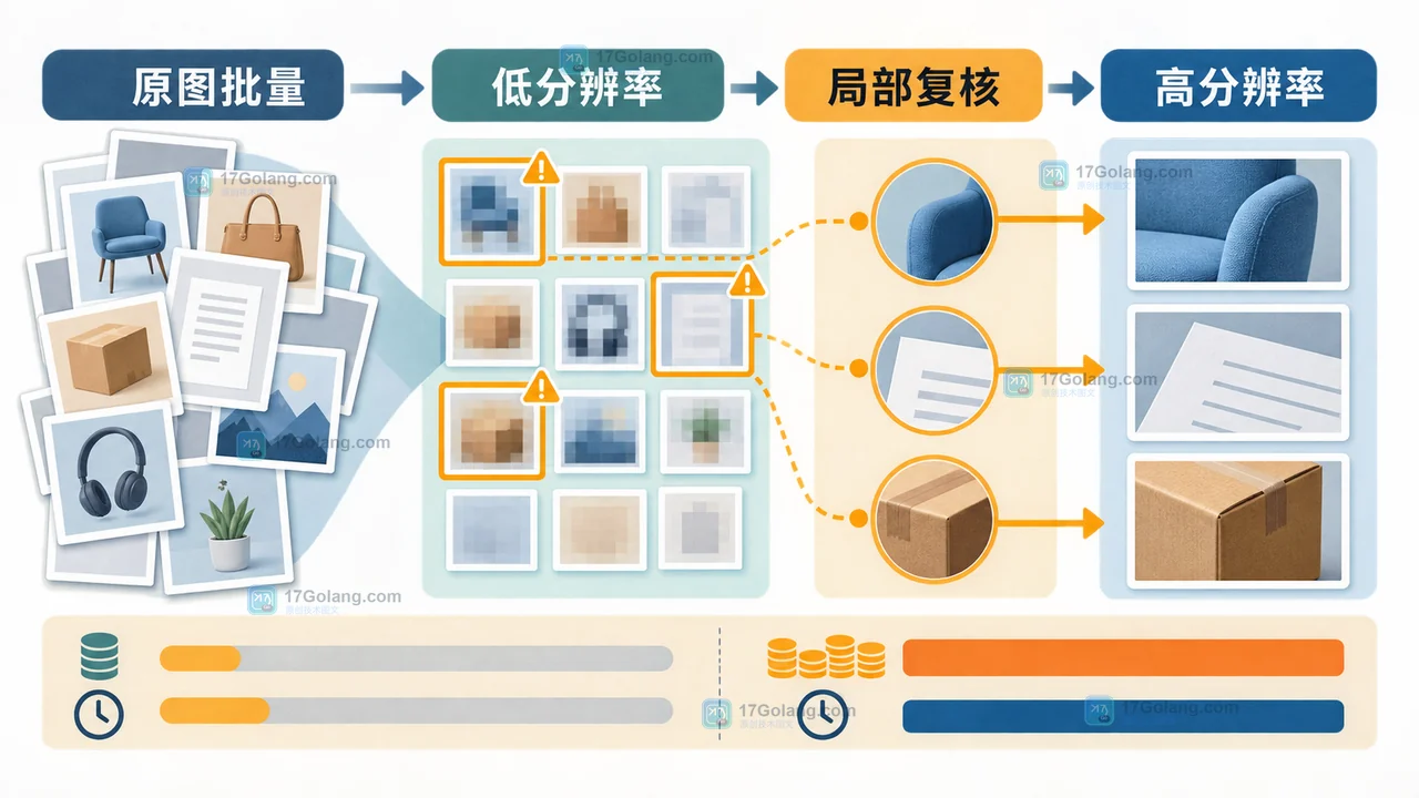 视觉模型先低分辨率粗筛,再对命中图片提高分辨率读取小字的修复路径