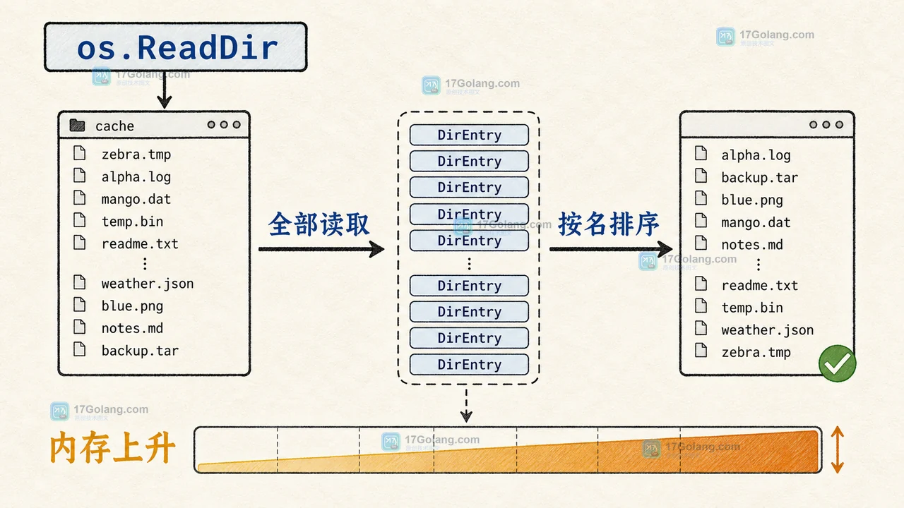 Go os.ReadDir 一次性读取大目录并按文件名排序，完整 DirEntry 列表占用内存的工程证据图