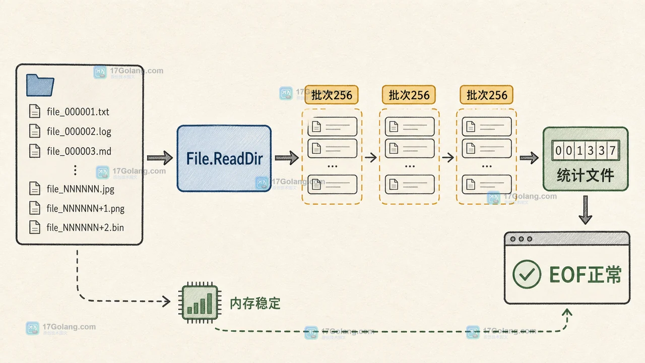 Go File.ReadDir 按 256 个 DirEntry 分批读取并在 EOF 收口，内存峰值保持平稳的流程图