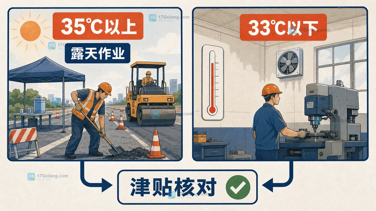 35℃露天作业与室内33℃降温门槛的高温津贴判断图