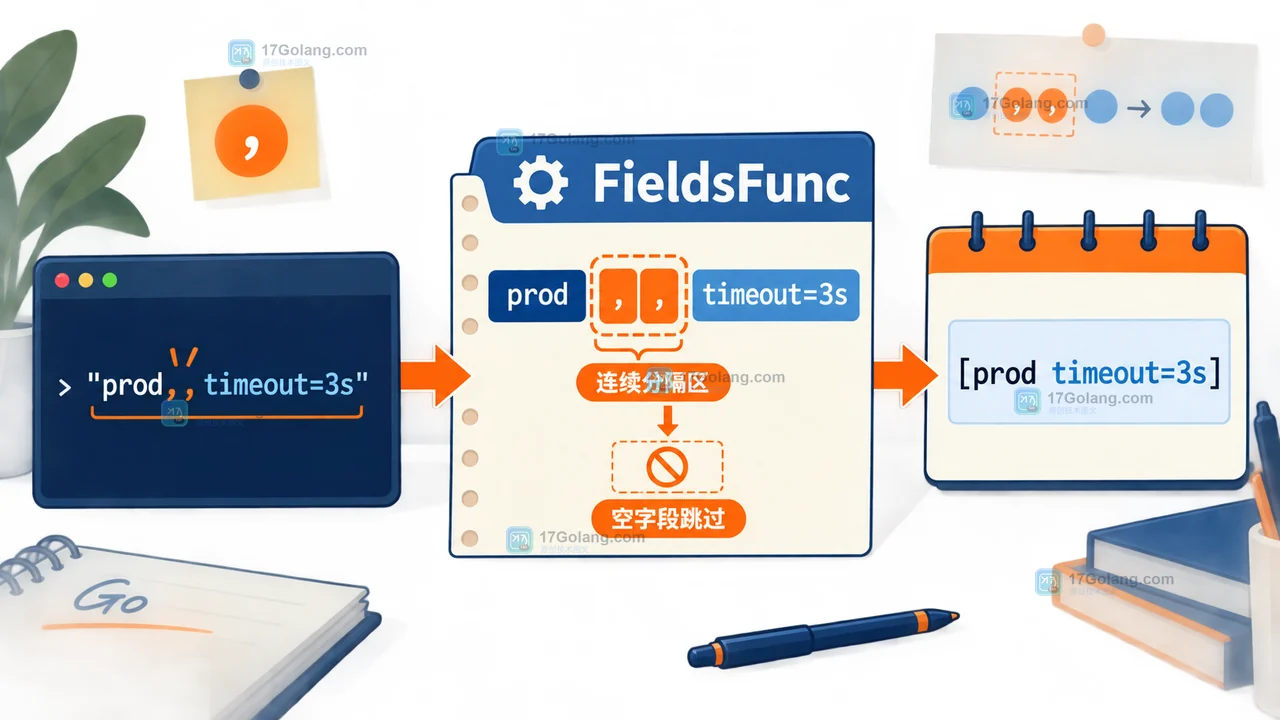 Go strings.FieldsFunc 将连续逗号合并为一个分隔区并跳过空字段的工程证据插画