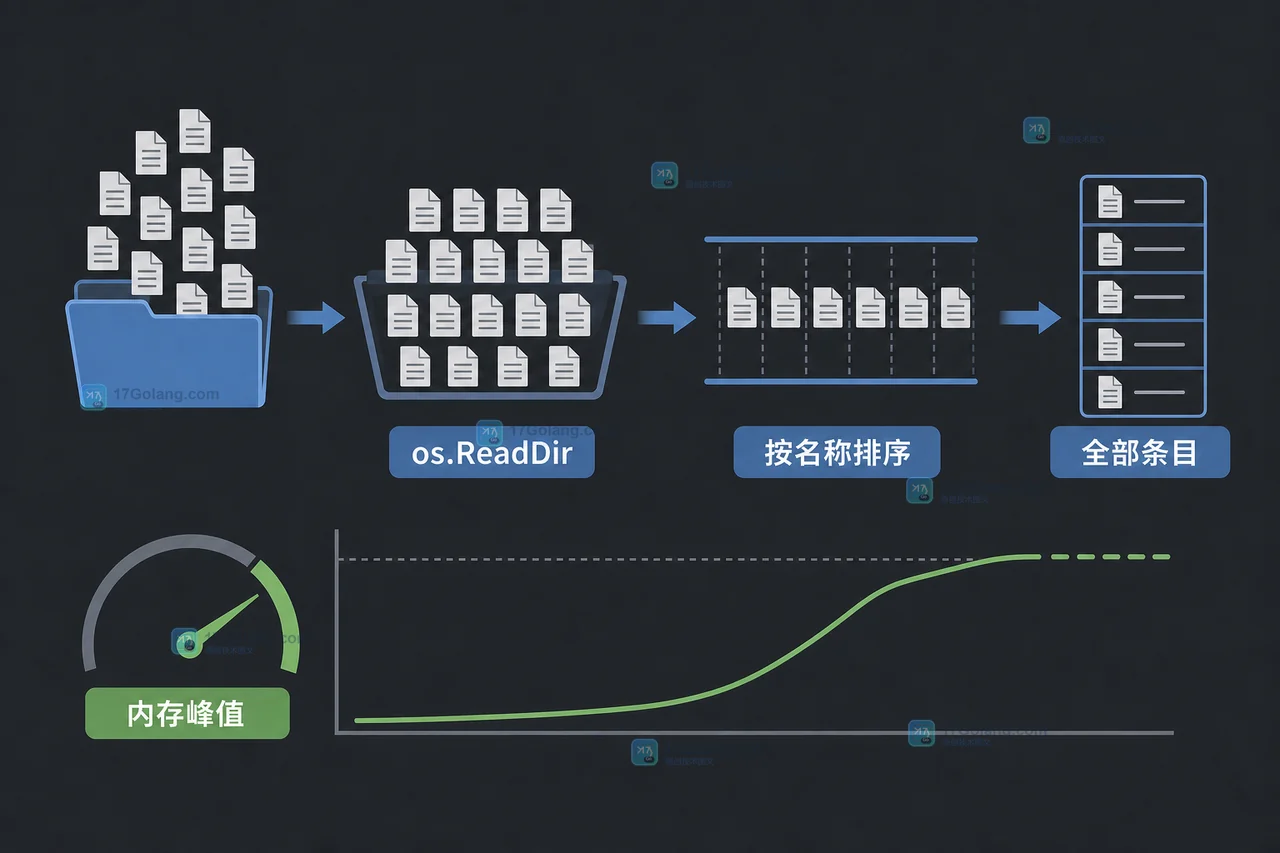 Go os.ReadDir 一次性读取完整目录并排序，完整条目集合让内存峰值随目录规模上升的二维工程示意图