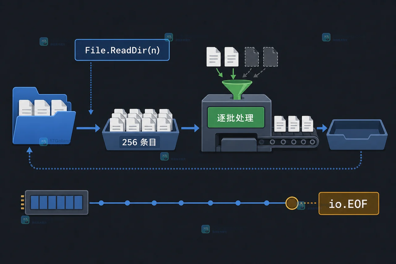 Go File.ReadDir 按批次处理目录项并在 io.EOF 正常收口，内存峰值保持平稳的二维工程示意图