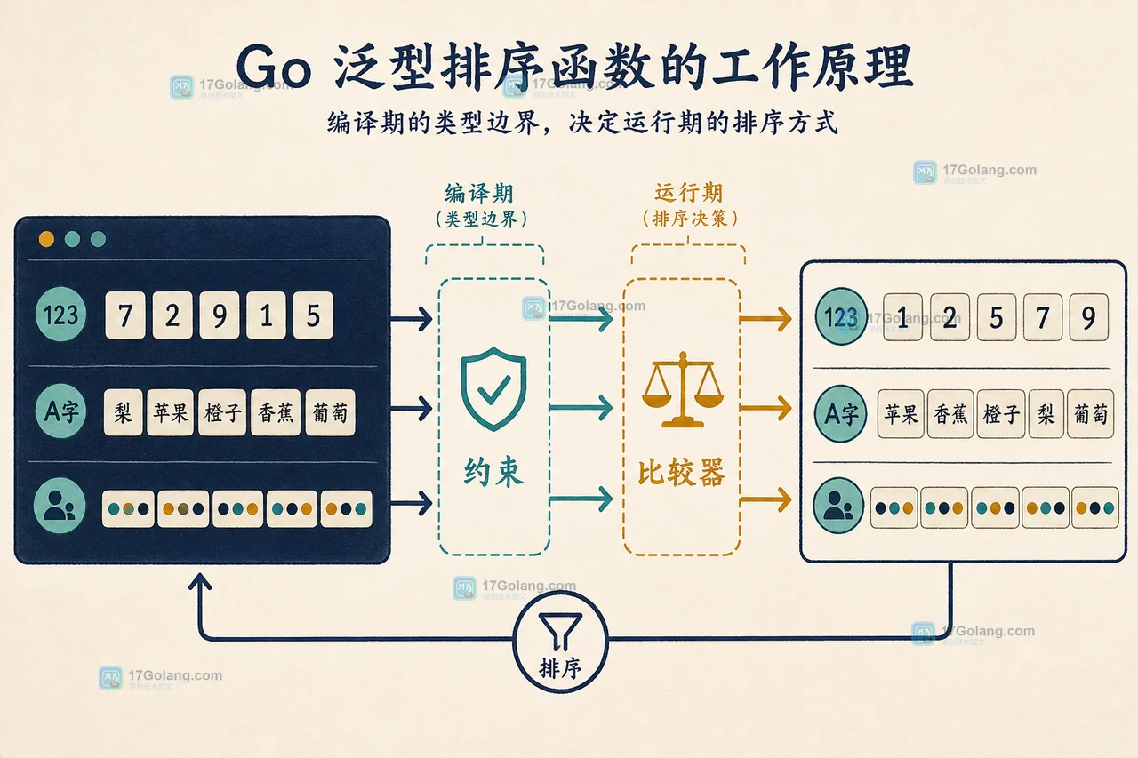 Go 泛型排序从终端输入经过类型约束和比较器到三组结果的技术插图