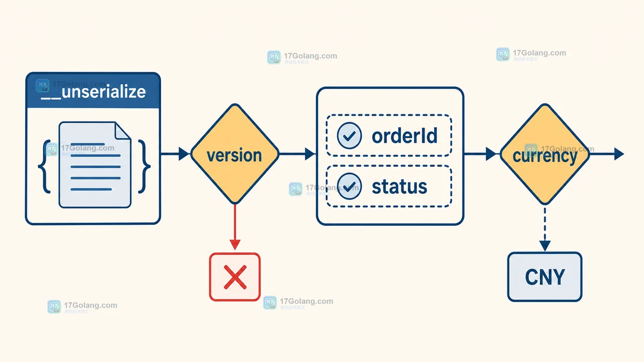 PHP __unserialize 先检查 version,再校验 orderId 和 status,缺少 currency 时回退 CNY,未知版本进入错误分支