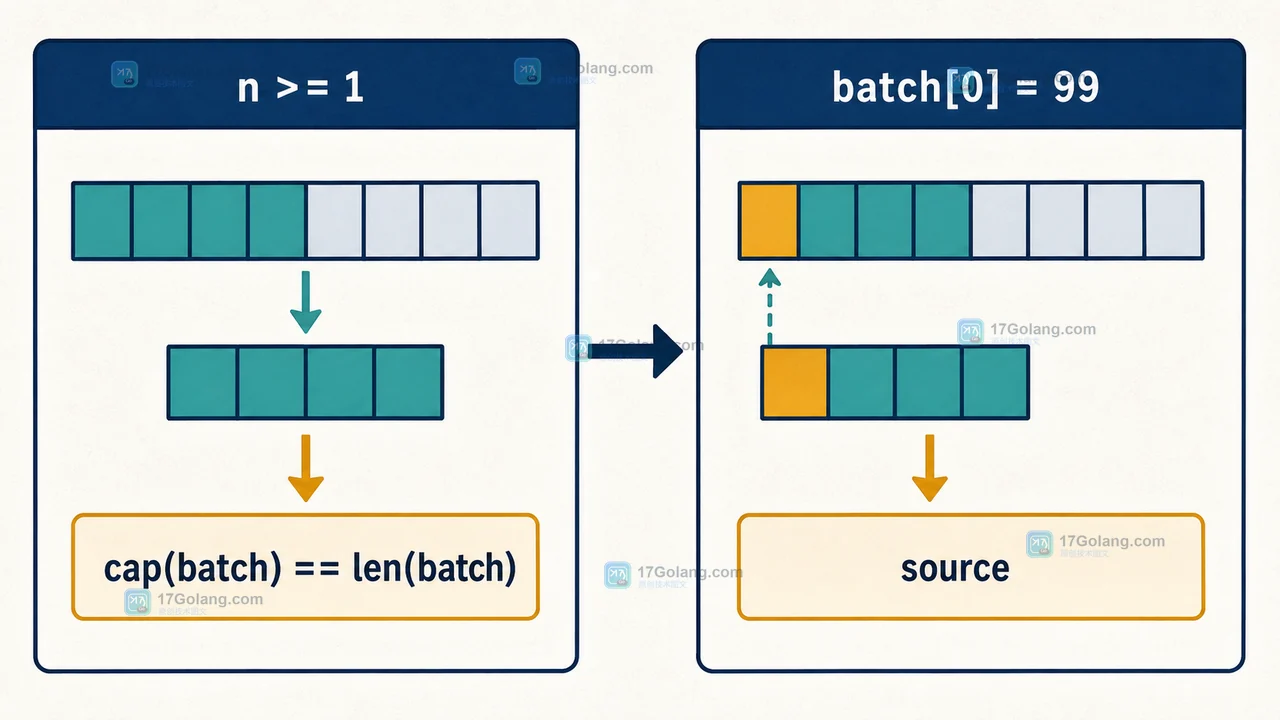 Go slices.Chunk 展示 n >= 1、cap(batch) == len(batch) 与 batch[0] = 99 造成 source 变化的边界关系