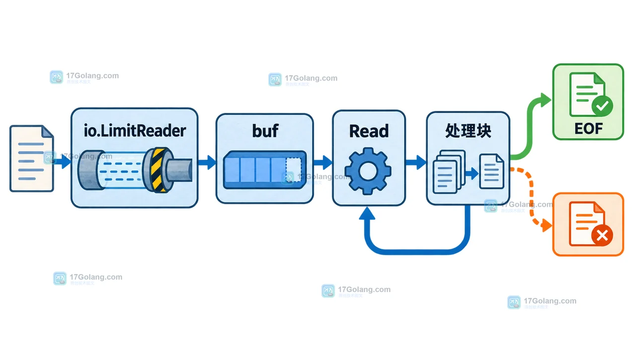 Go io.LimitReader 限制输入后用固定 buf、Read 和处理块完成分块数据路径
