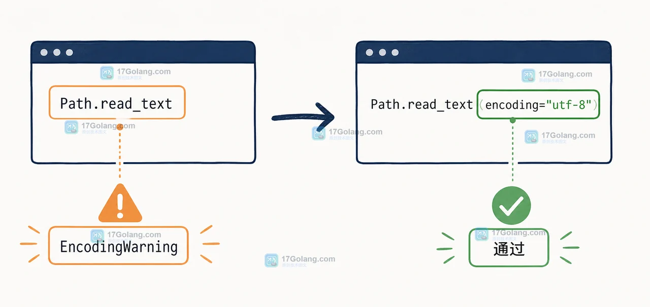 Python Path.read_text 省略编码与显式 encoding=utf-8 的对照,EncodingWarning 指向需要修复的调用点