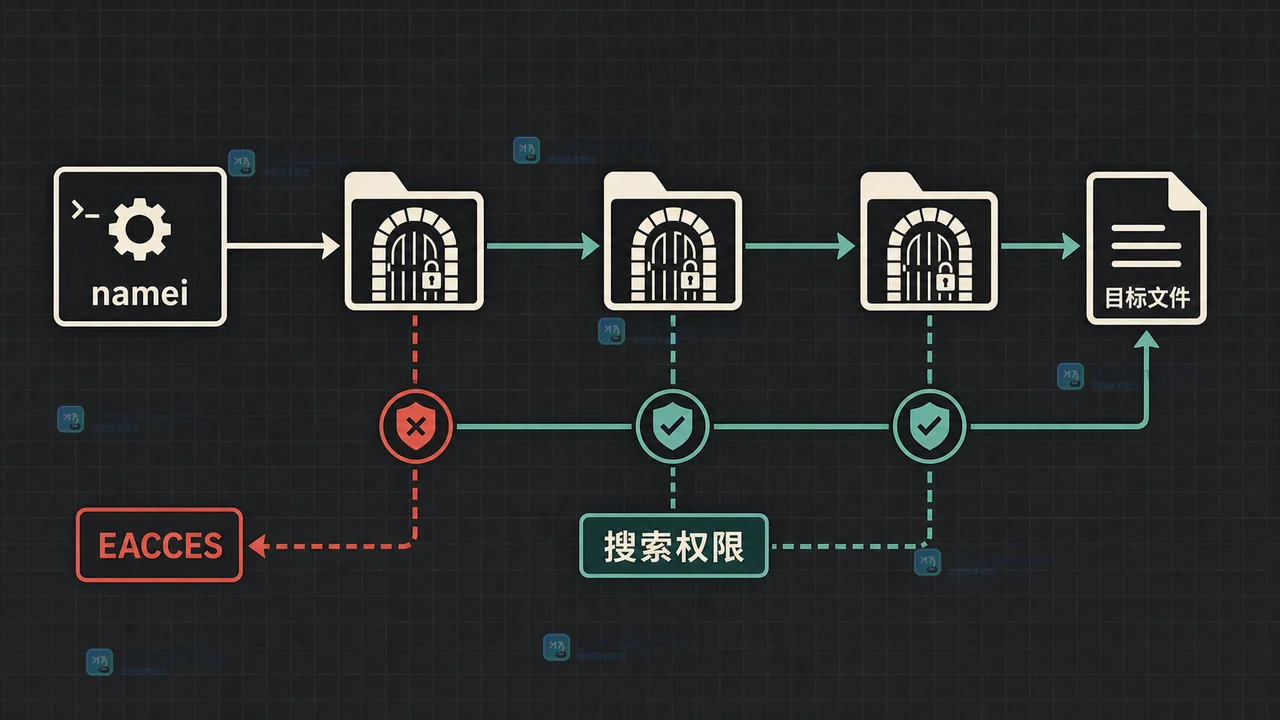 namei 逐级检查搜索权限,缺少搜索权限返回EACCES,否则抵达目标文件