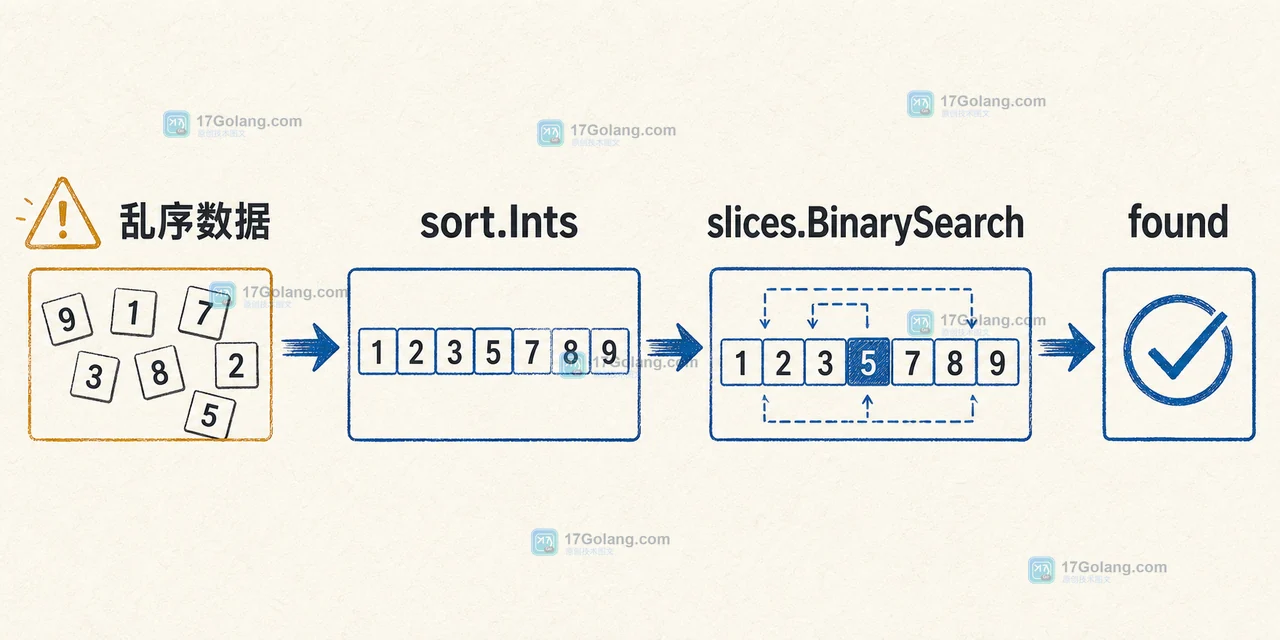 Go sort.Ints 先把乱序数据整理为有序切片，再交给 slices.BinarySearch 得到 found 结果