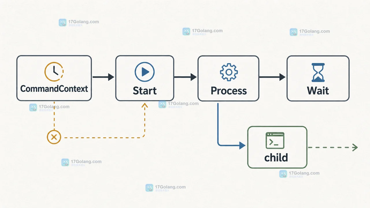 CommandContext 触发取消，经由 Start 创建 Process，Wait 收口父命令，同时 child 可能仍在运行