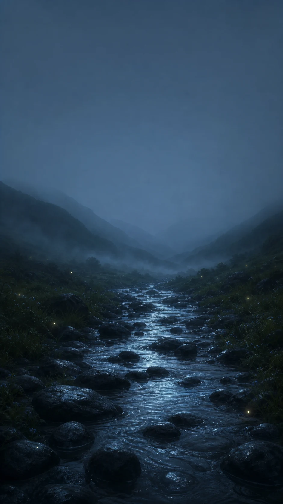雨后山谷萤火溪流月蓝主手机壁纸，顶部雾气留出锁屏时间区域