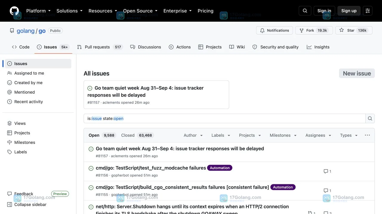 GitHub golang/go Issues 入口列表,顶部显示 Open 状态和 Labels 筛选入口