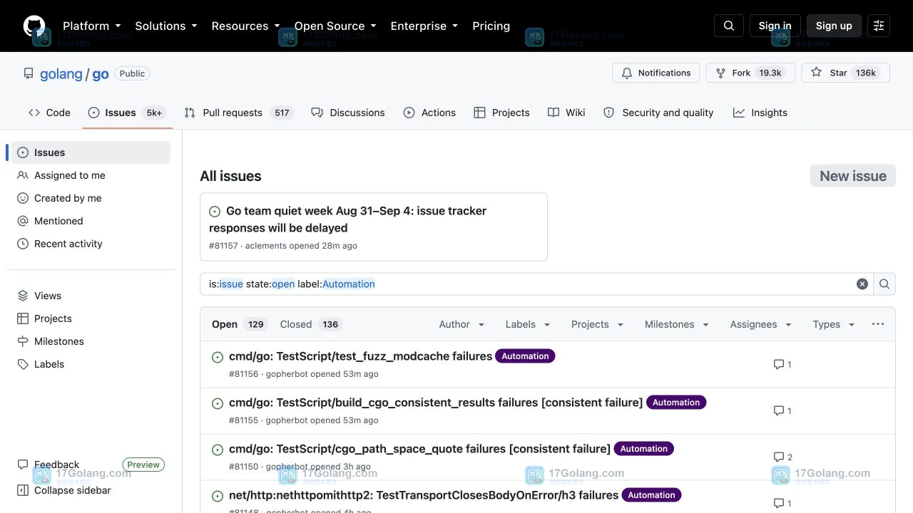 GitHub golang/go Issues 按 Open 状态和 Go1.24 标签筛选后的结果列表与查询地址