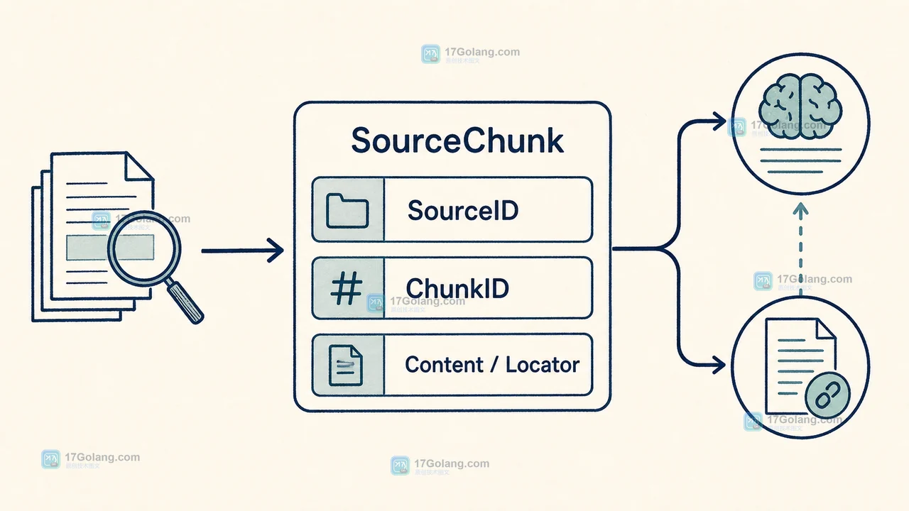 RAG SourceChunk 从检索片段到答案引用的数据流,包含 SourceID、ChunkID、Content 和 Locator