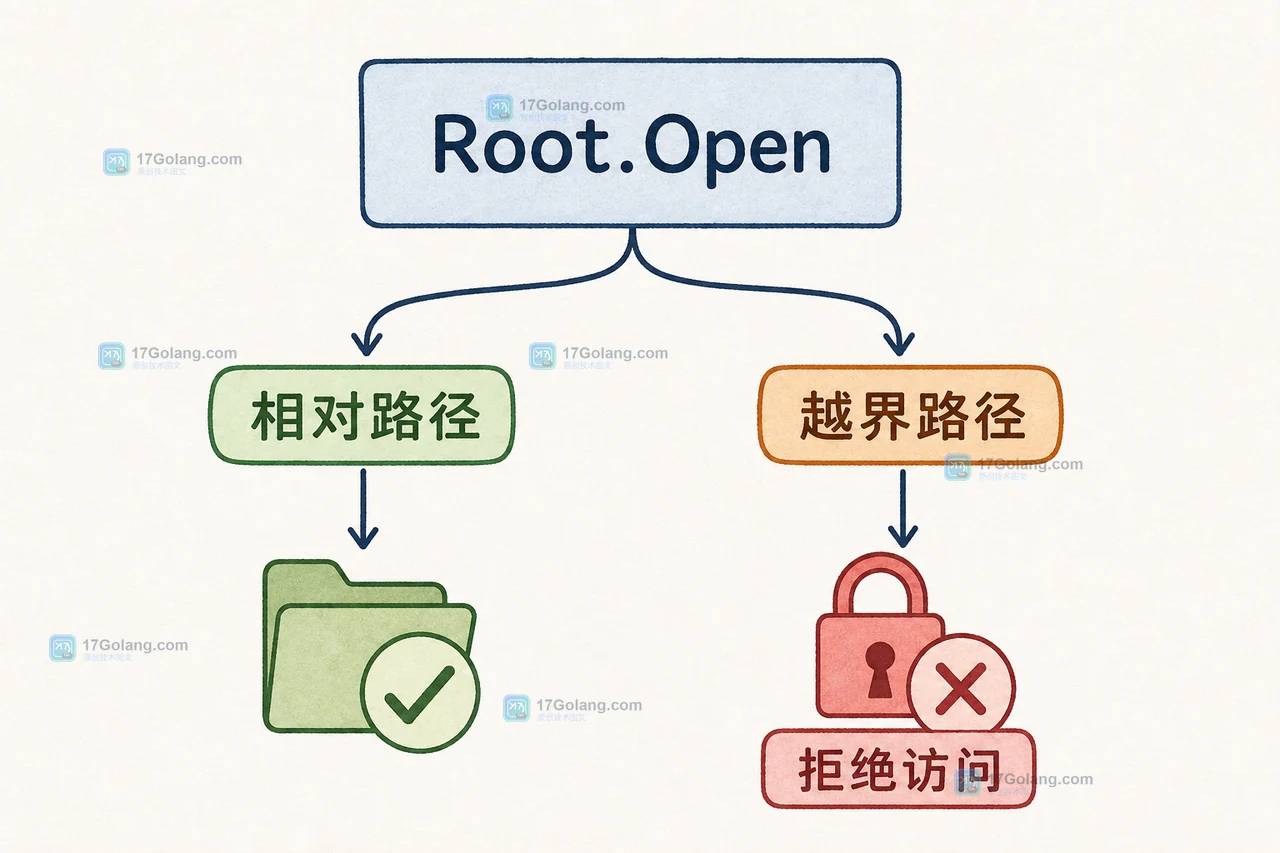 Root.Open 检查相对路径后区分允许访问与越界路径拒绝分支