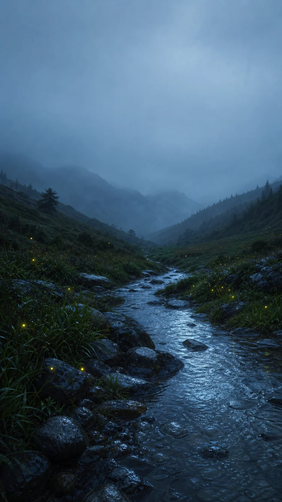 雨后山谷萤火溪流月蓝主手机壁纸,溪流由右下通向远方,顶部留出锁屏时间区