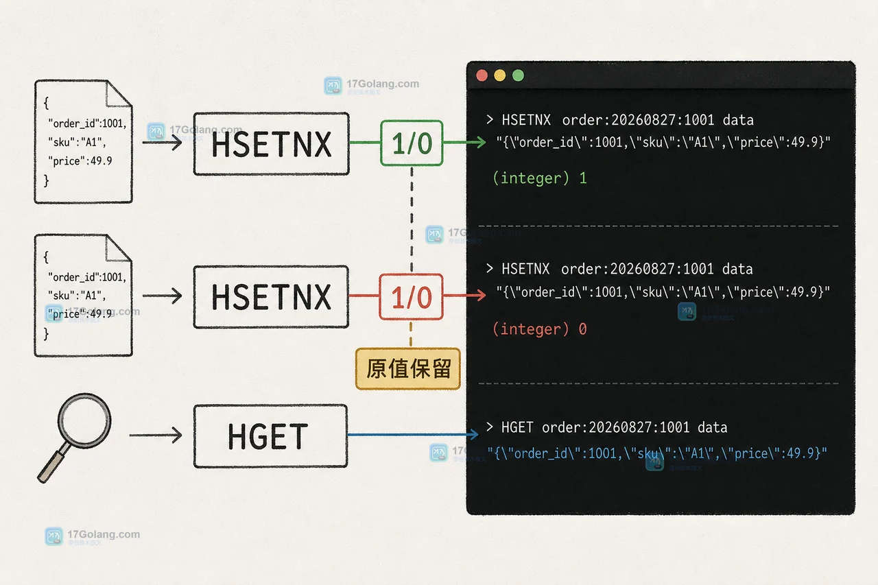 Redis HSETNX 首次写入订单 Hash 字段后返回1,重复写入返回0并保留原值