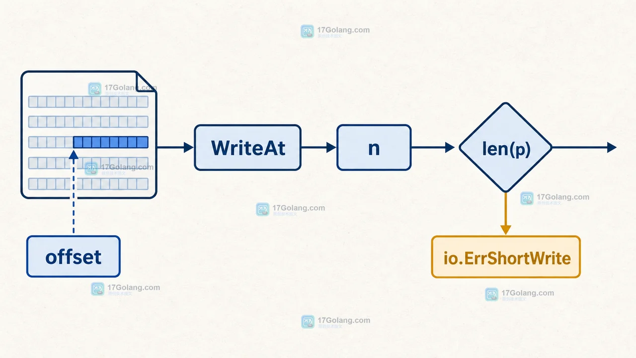 WriteAt 从显式 offset 写入后检查 n、len(p) 与 io.ErrShortWrite 的代码逻辑图