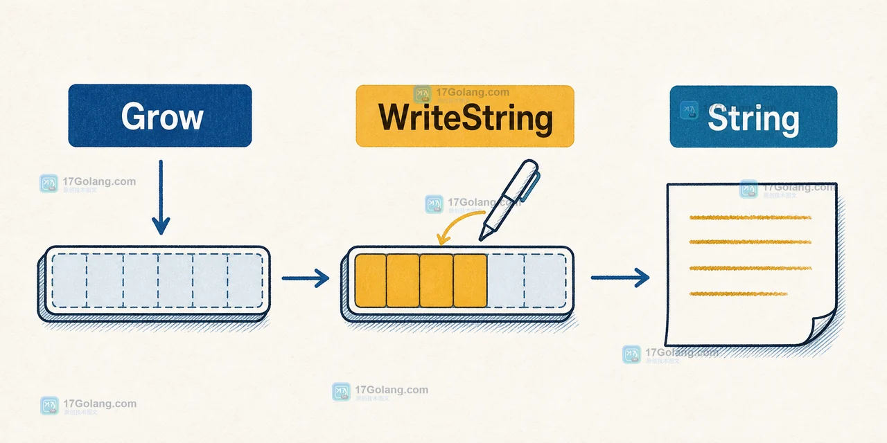 bytes.Buffer 中 Grow 预留空间后由 WriteString 写入内容，再由 String 读取结果的数据路径