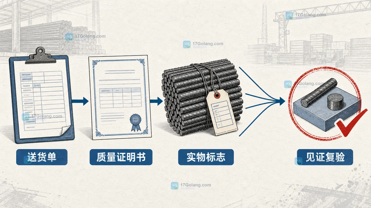 送货单、质量证明书、实物标志与进场复验组成钢筋批次证据链