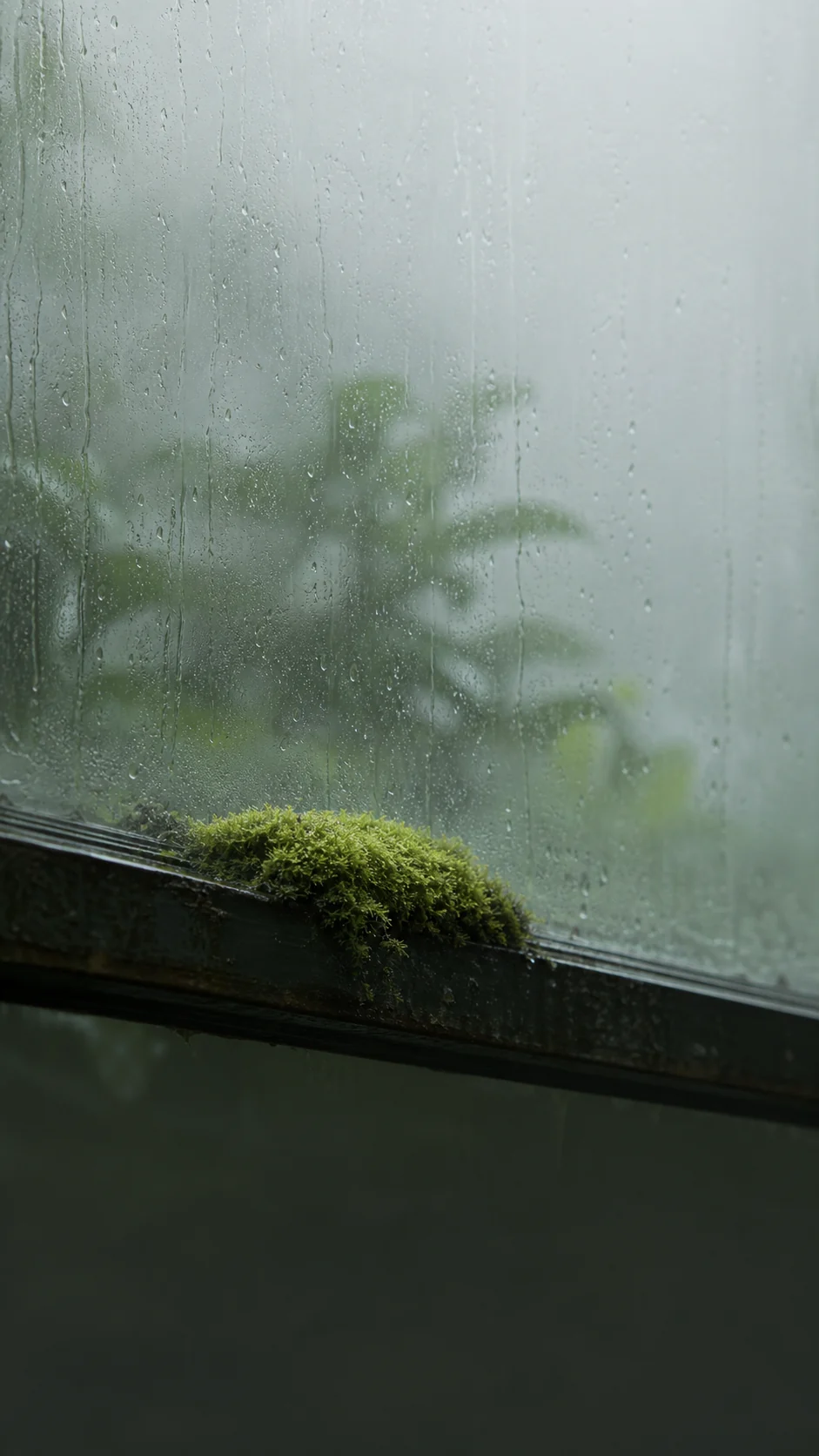 雨后玻璃温室中带水珠的青苔与冷绿色雾面光线竖屏手机主壁纸