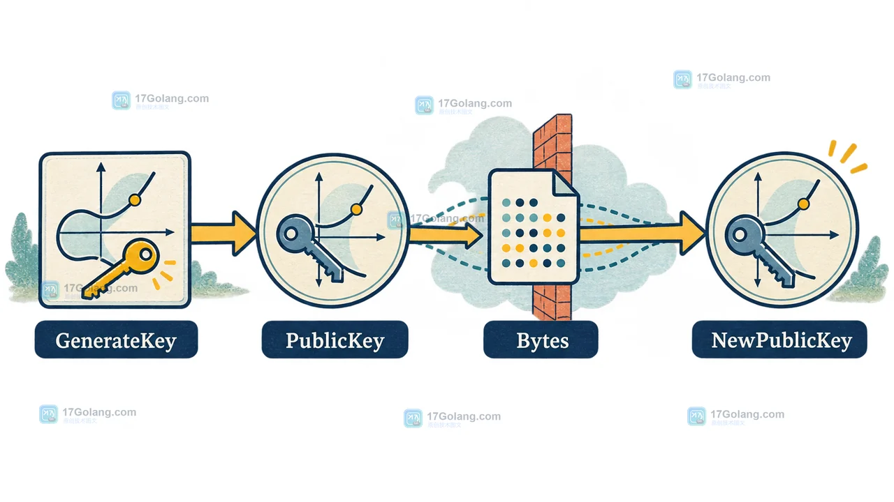 Go crypto/ecdh 从 P256 GenerateKey 到 PublicKey Bytes,再由 NewPublicKey 恢复公钥的控制流逻辑图