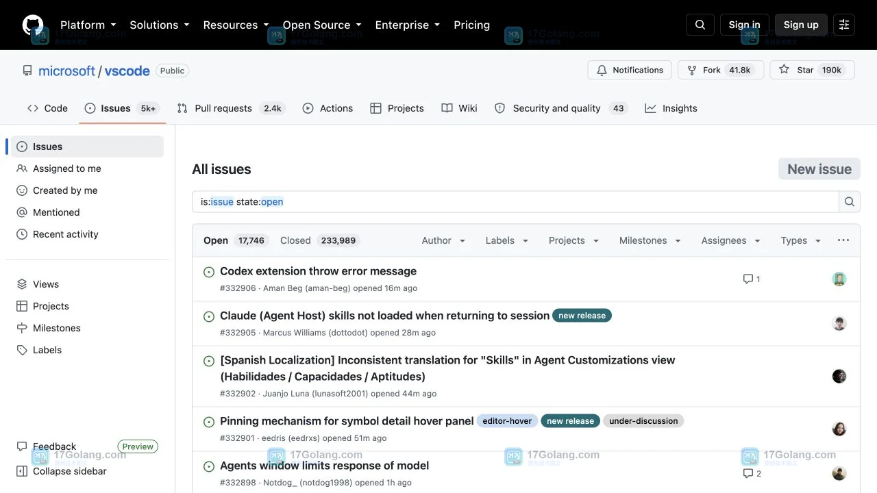 GitHub microsoft vscode Issues 公开列表入口,显示开放 Issue 与顶部筛选工具栏