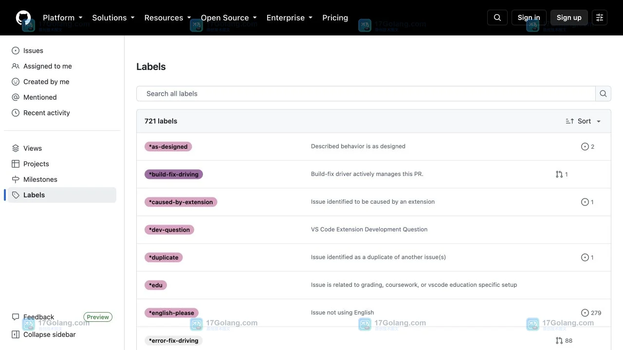GitHub microsoft vscode 仓库 Labels 页面,显示搜索框与仓库标签列表