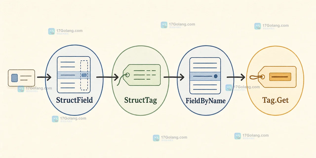 Go StructField 经过 StructTag 到 FieldByName 和 Tag.Get 的字段元数据路径示意图