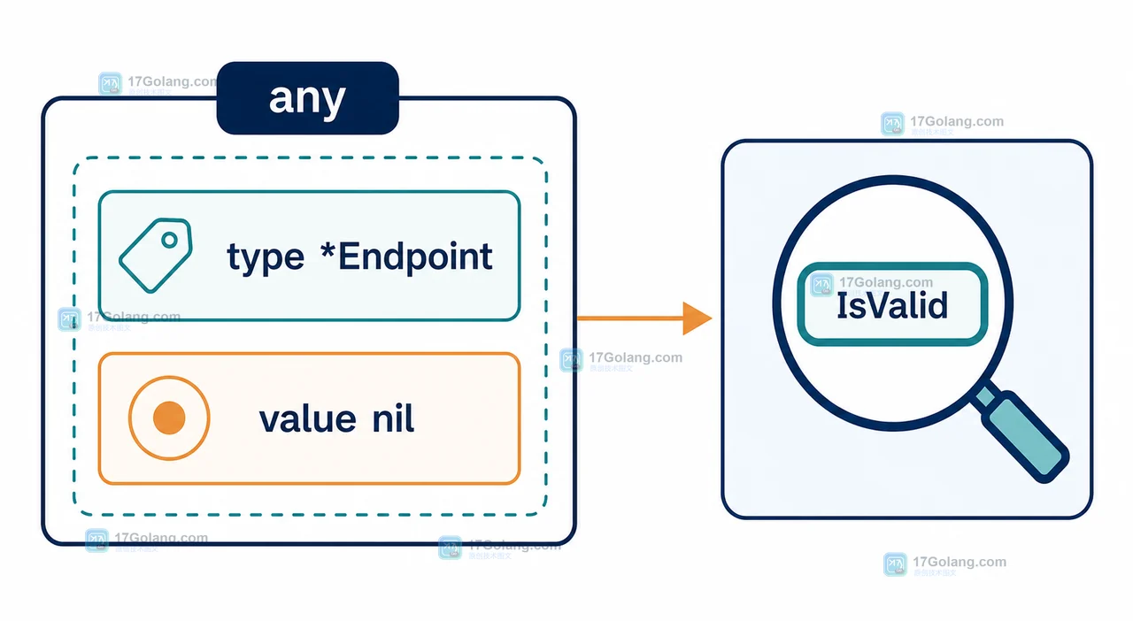 Go 配置校验中 any、type *Endpoint、value nil 与 IsValid 的接口边界关系