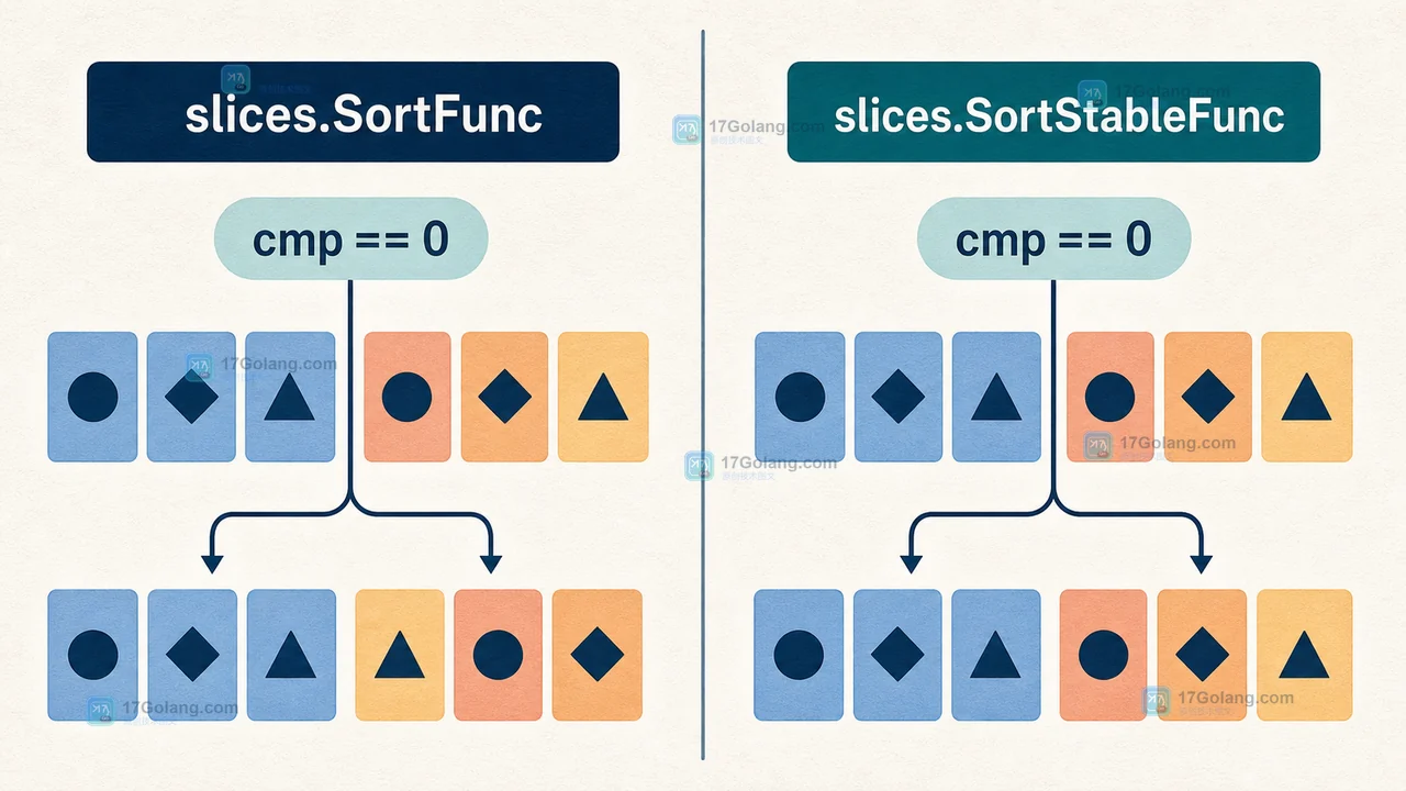Go cmp == 0 的等价分支与 slices.SortStableFunc 保留输入顺序的对比