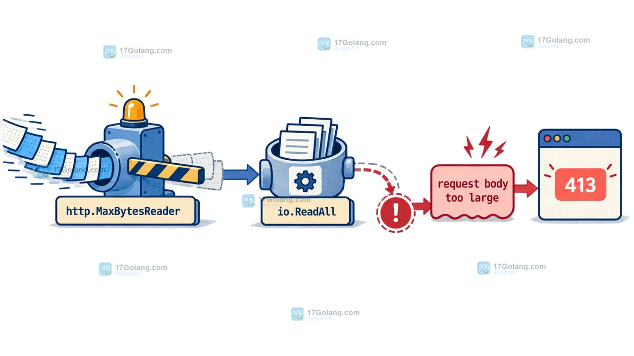 Go http.MaxBytesReader 限制服务端请求体，io.ReadAll 超限后进入 413 响应而不是继续处理 payload