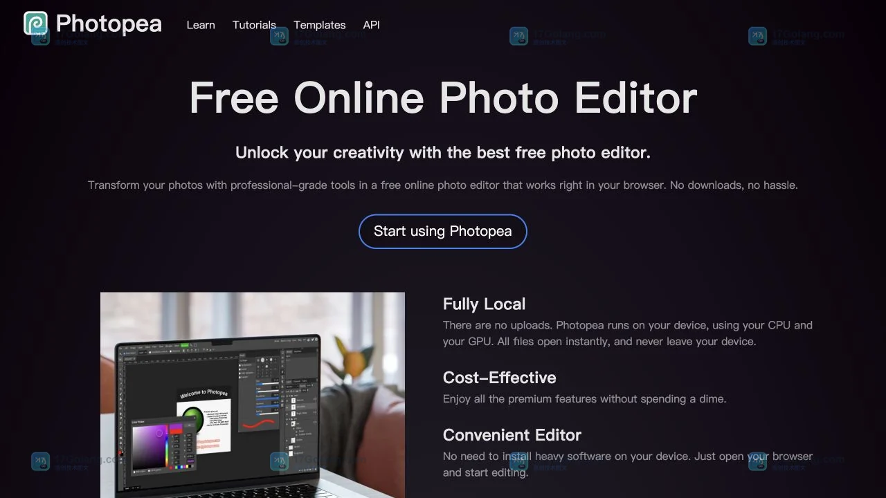 Photopea 官方首页的 Start using Photopea 入口