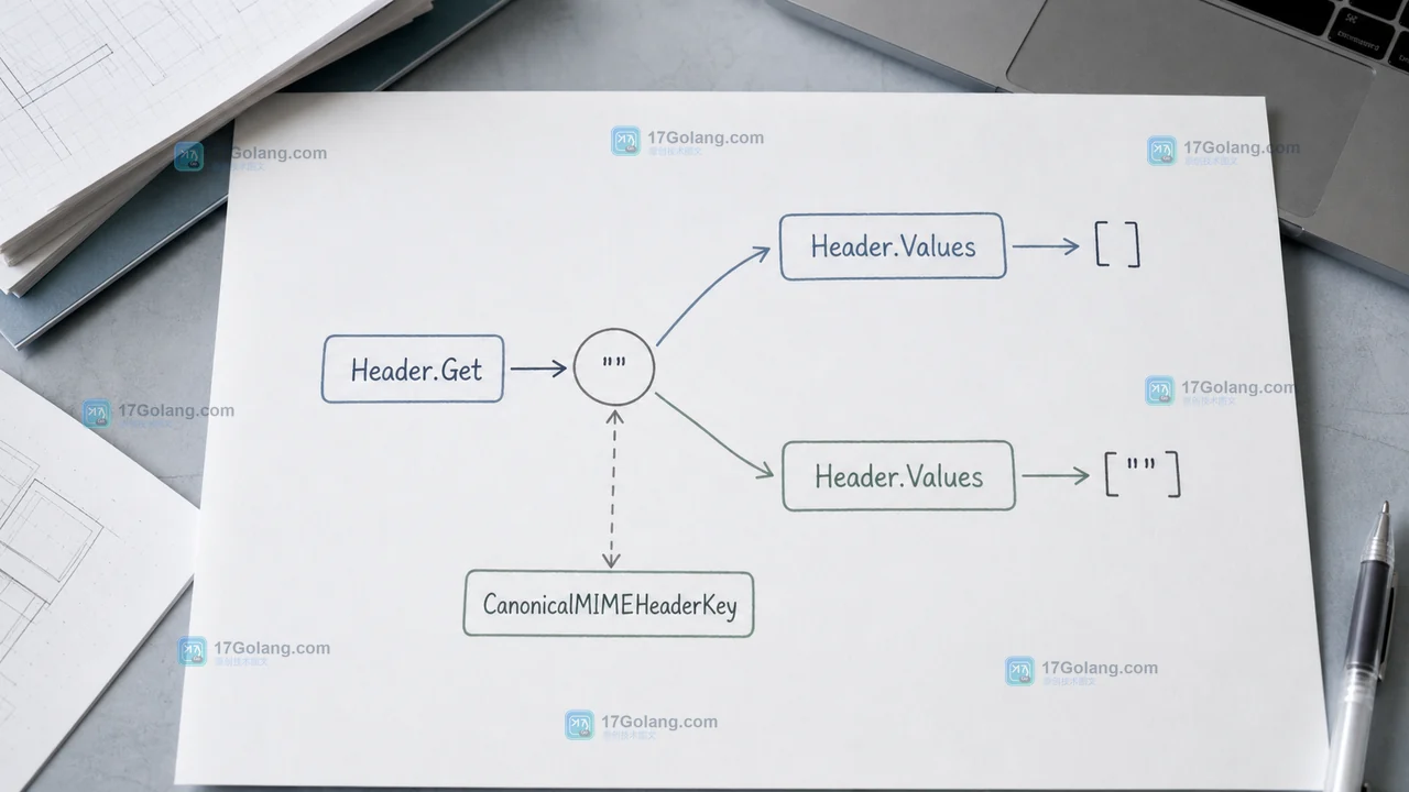 Header.Get、Header.Values 与 CanonicalMIMEHeaderKey 处理缺失和空值的 Go 请求头逻辑图
