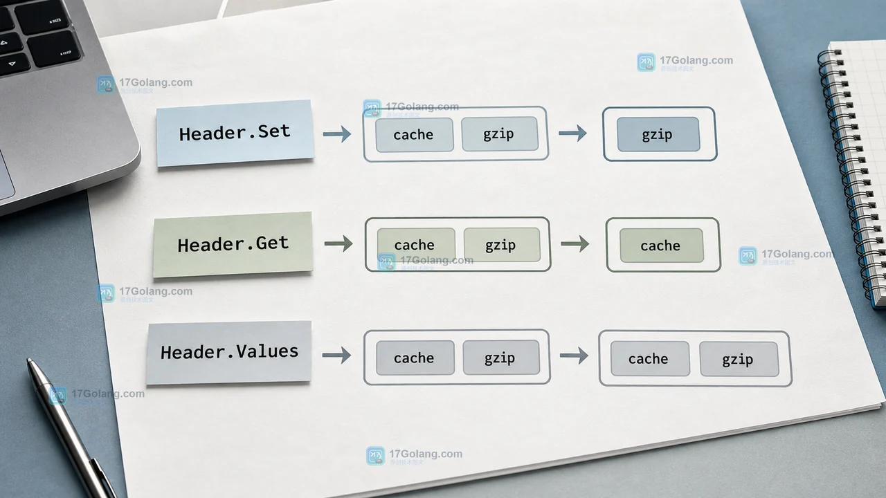 Header.Set、Header.Get 与 Header.Values 处理覆盖、追加和重复值的 Go 调用链示意图
