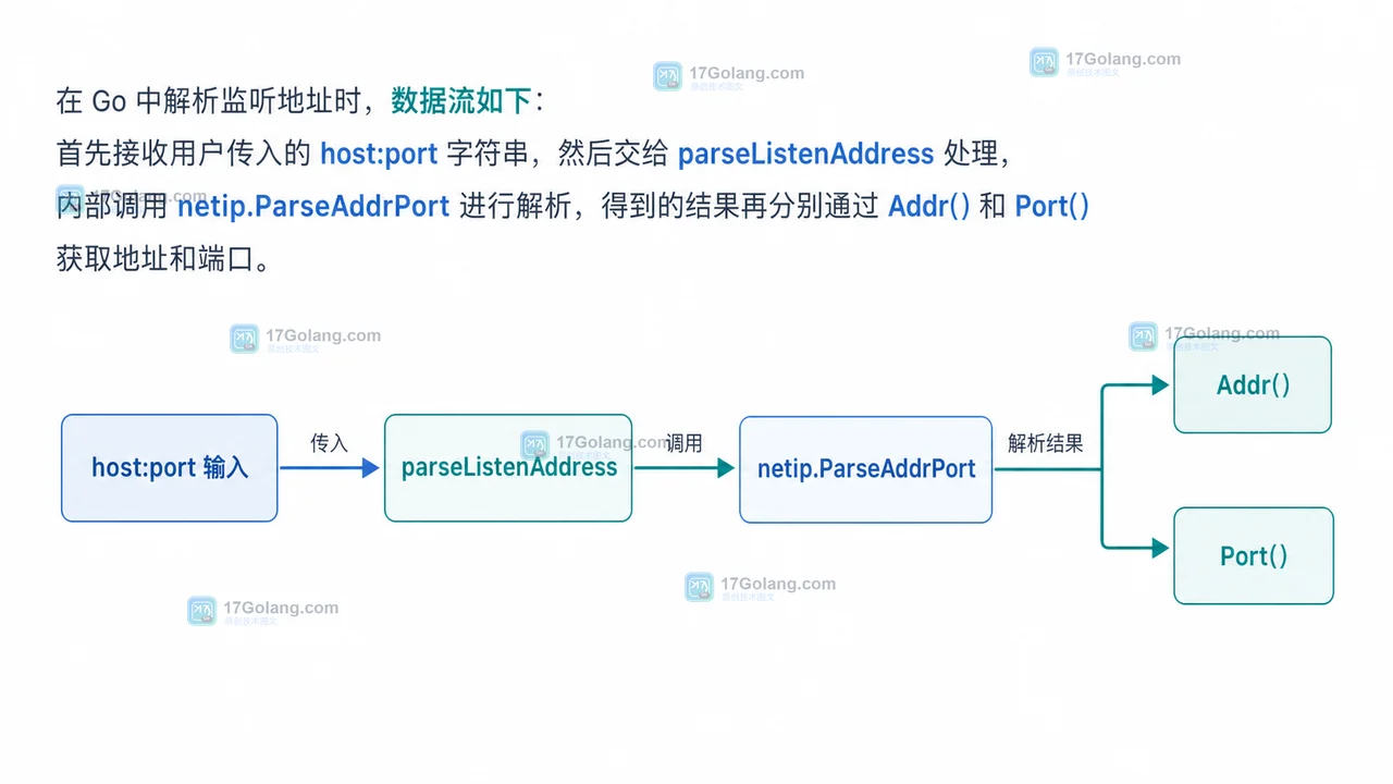 Go netip.ParseAddrPort 从 host:port 输入到 Addr 和 Port 的数据流示意图