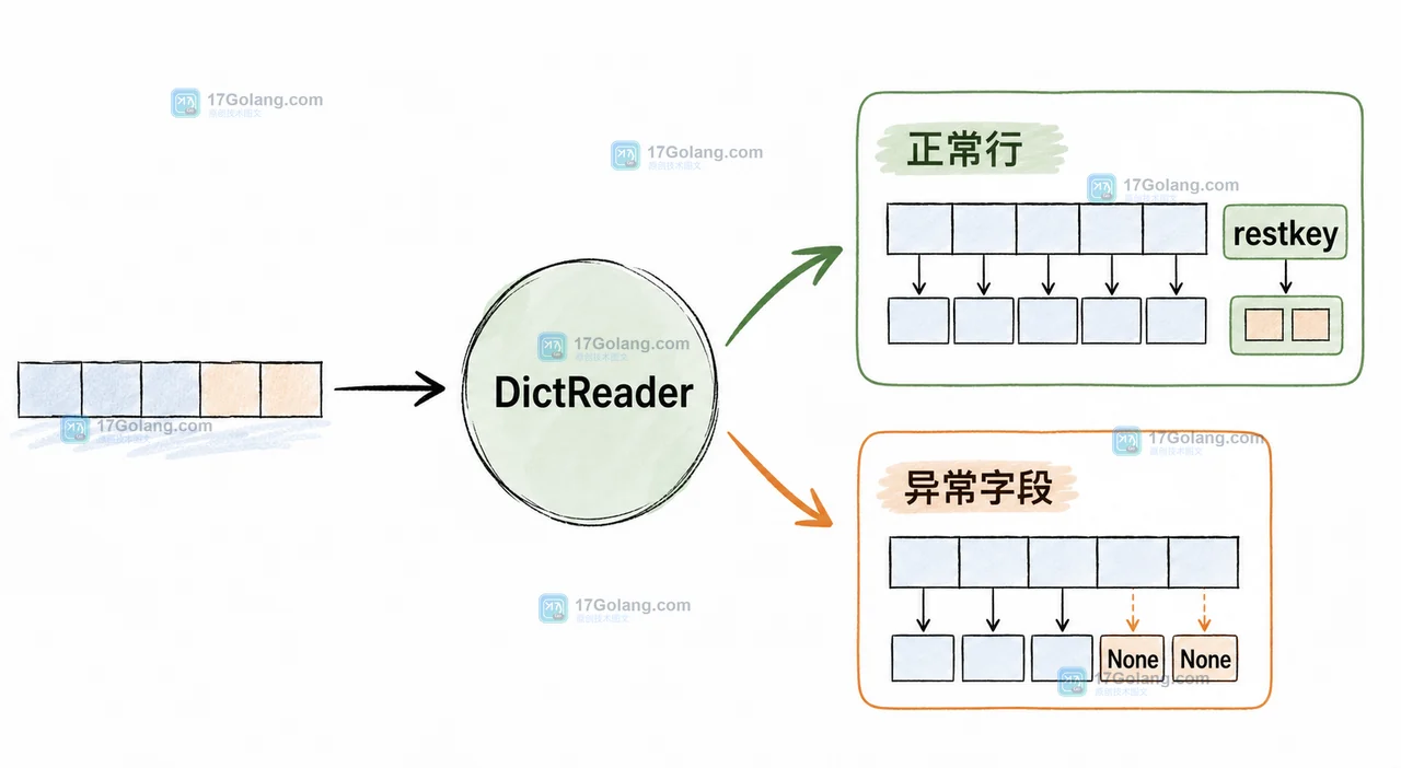 Python csv.DictReader 将正常行、缺失字段和多余字段分流到字典结果的二维技术插画