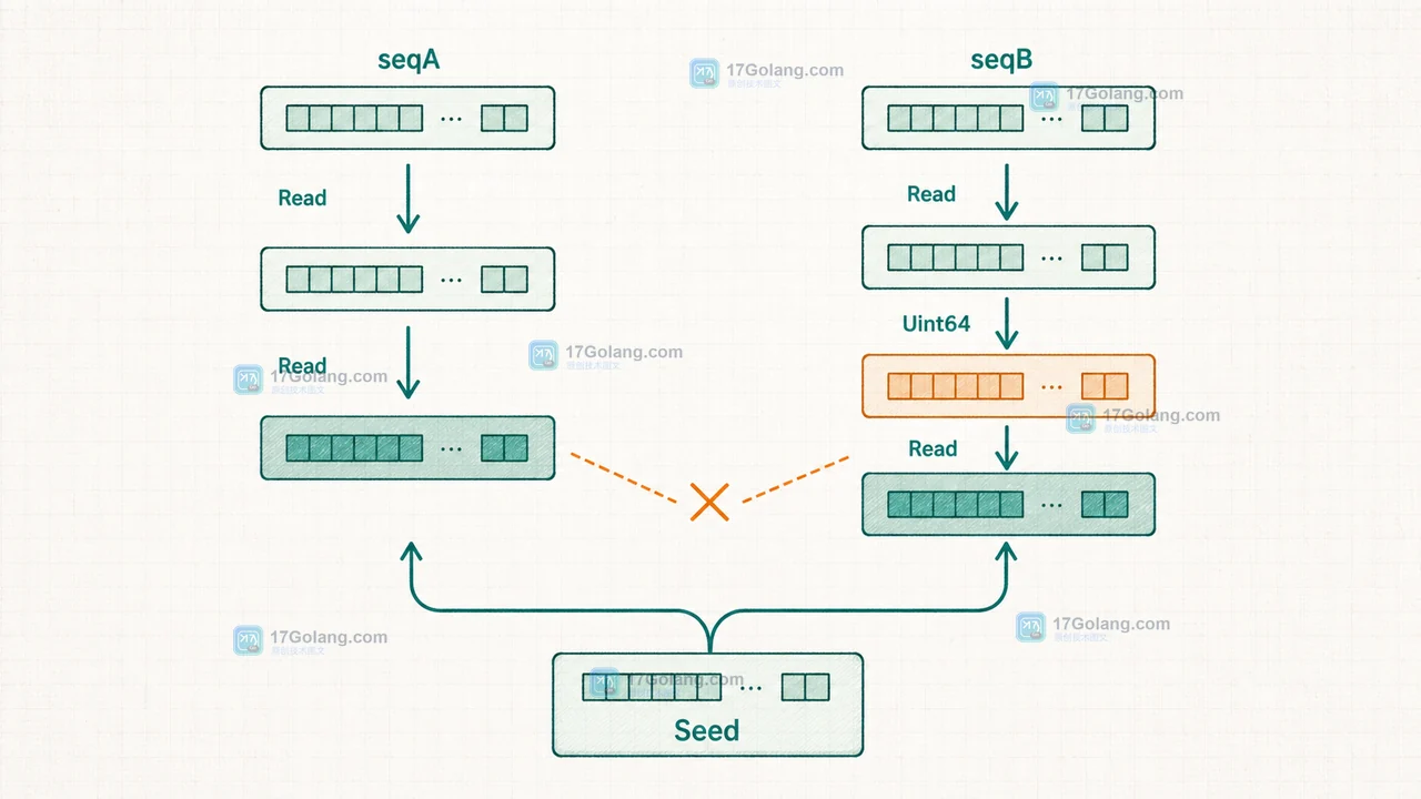 seqA 只读字节而 seqB 在 Read 之间调用 Uint64 后序列分叉并可用 Seed 重置的对比图