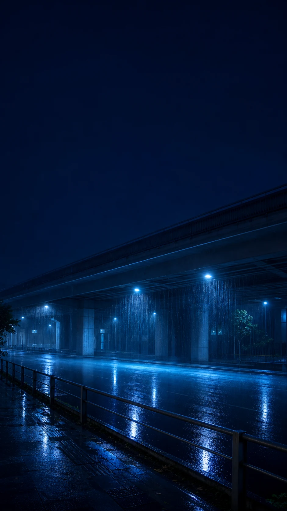 高架桥下冷蓝雨幕手机锁屏主壁纸,上方保留时间区留白