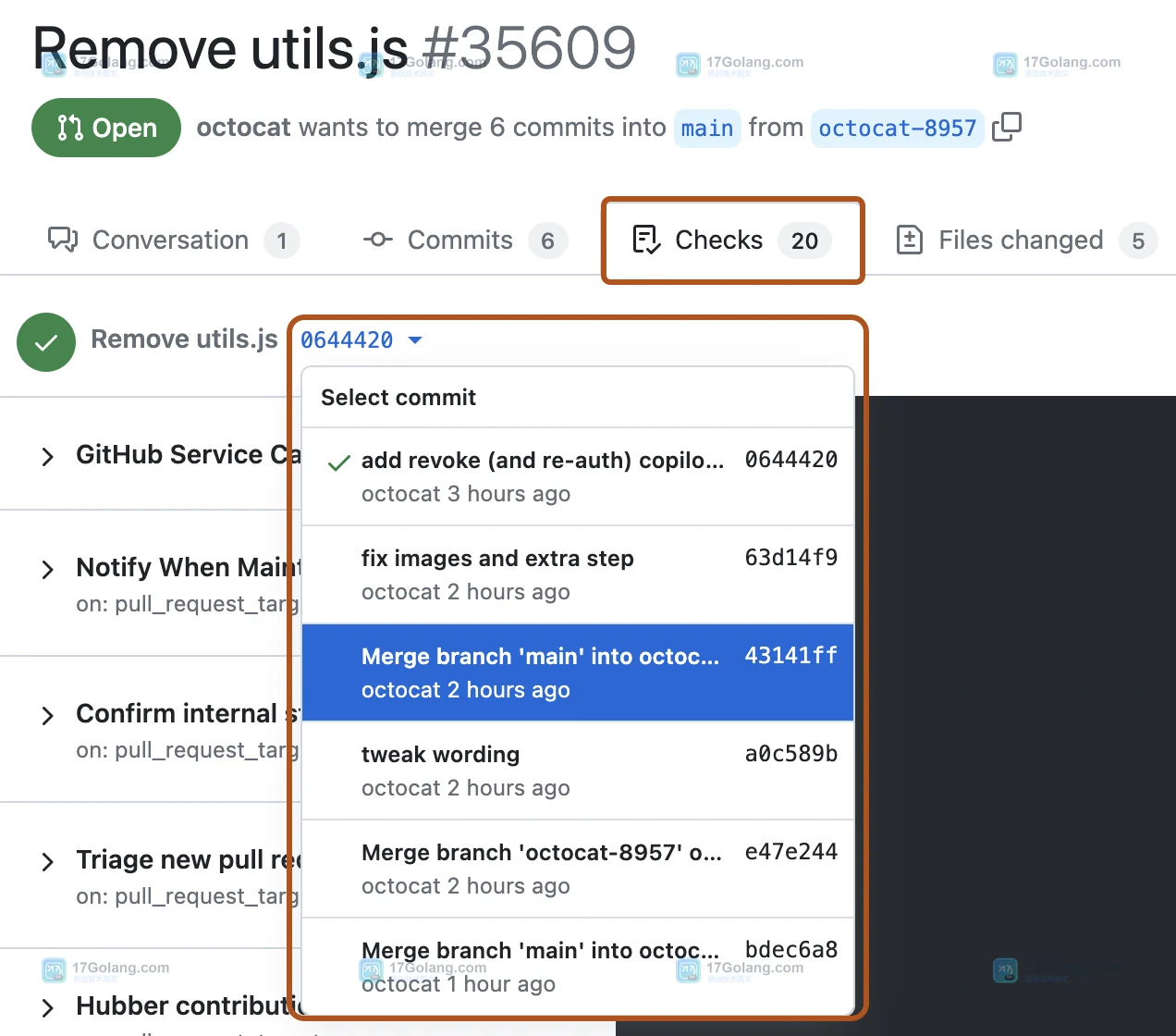 GitHub Pull Request Checks 页签与提交选择器的官方界面,展示检查记录入口