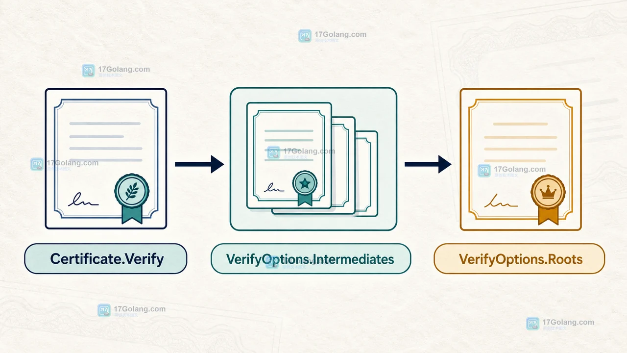 Go Certificate.Verify 使用 Roots 与 Intermediates 拼接证书链的路径示意图