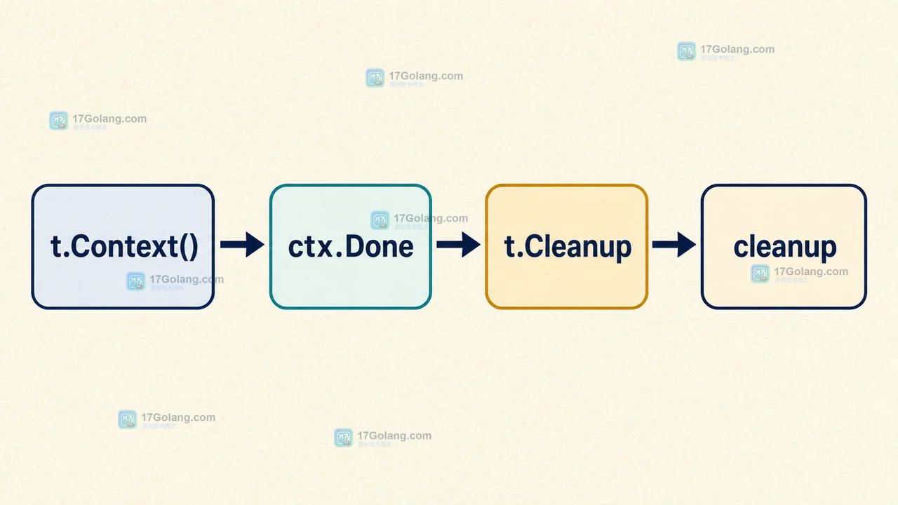 Go 测试中 t.Context 取消后依次进入 ctx.Done、worker 返回和 t.Cleanup 等待