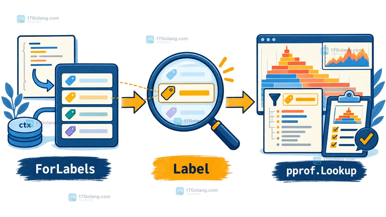 ForLabels 遍历 task 标签,Label 读取单键,再结合 pprof.Lookup 检查 profile 归因